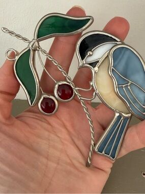 Chickadee Sun catcher Stained Glass Bird Window Decor Berries Blue Green Red